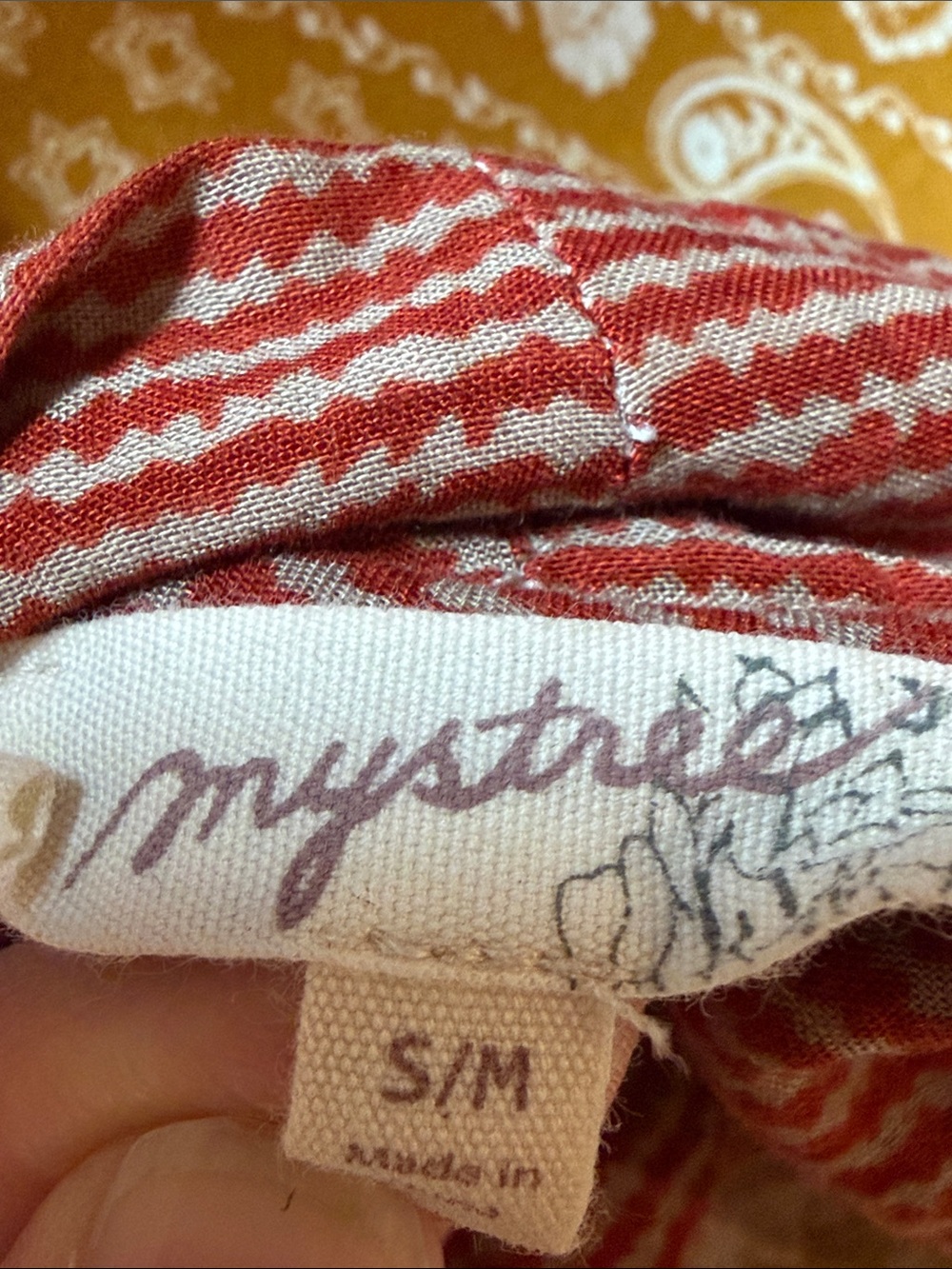 Mystree Mustard Paisley Open Front Cardigan with Rust Trim - Picture 6 of 8